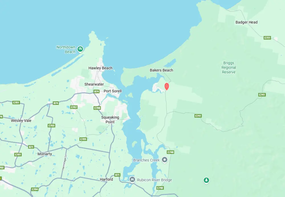 Map of an area in Tasmania showing locations including Northdown Beach, Hawley Beach, Port Sorell, Bakers Beach, and nearby roads such as C741 and C740.