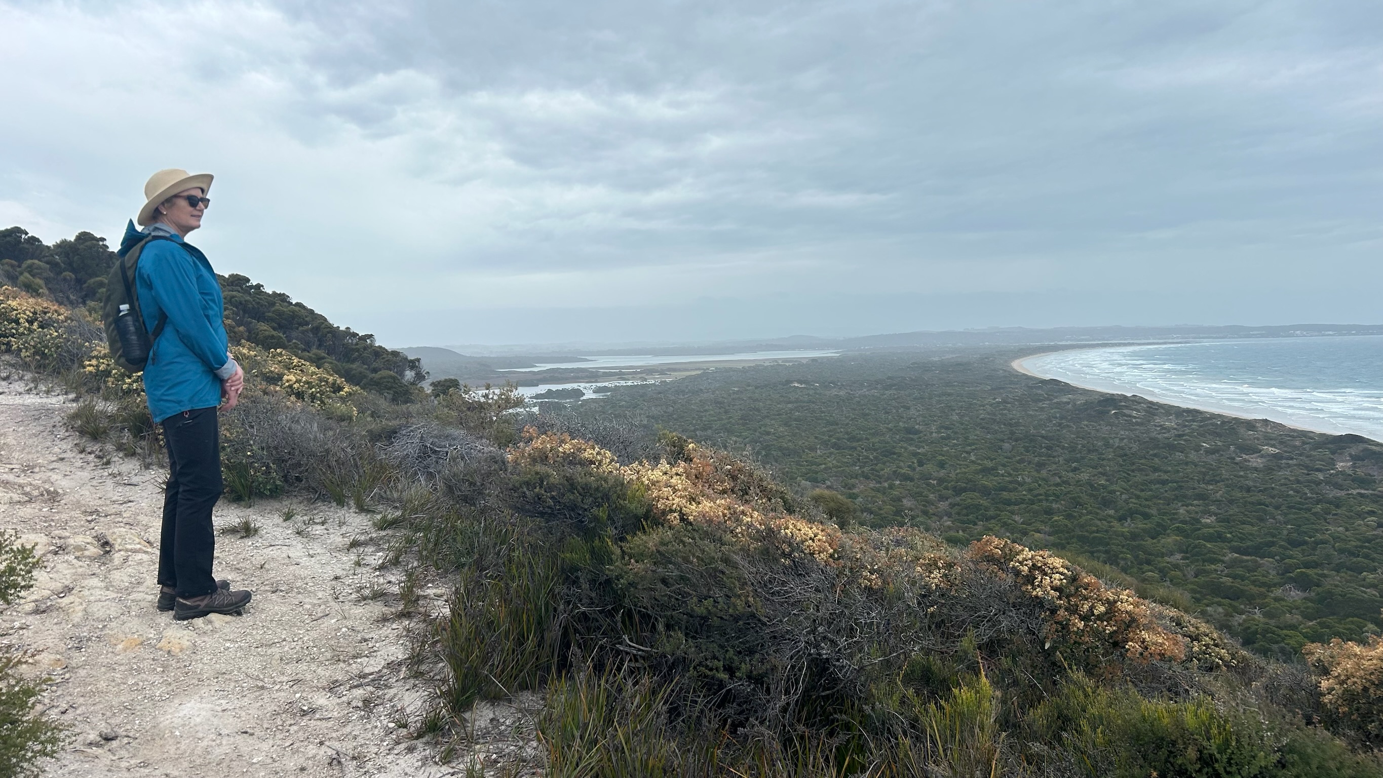 Person in blue jacket with backpack standing on a trail overlooking a coastal landscape with dense greenery and a curving beach under a cloudy sky.